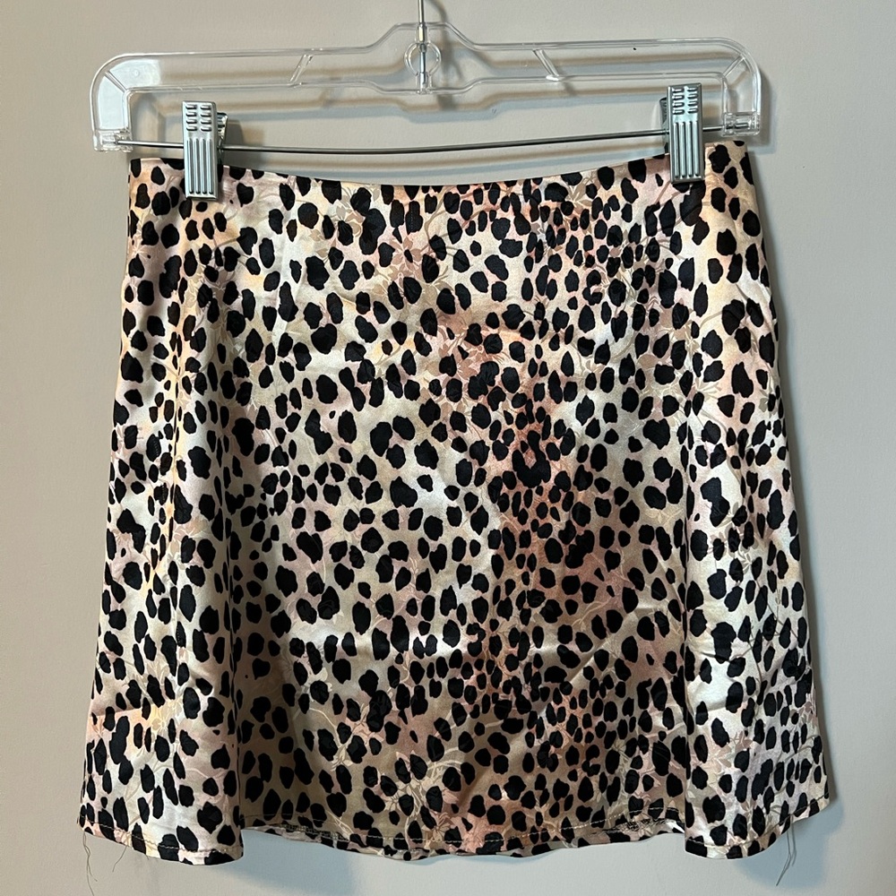 Leopard print faux silk mini skirt